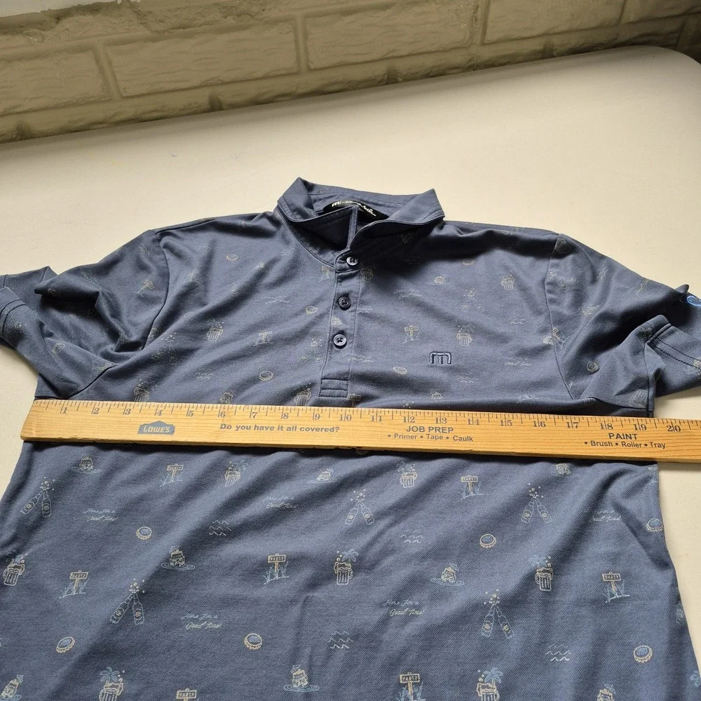 Travis Mathew Polo Shirt Mens Medium Slate Blue Golf Beer Beach Party‎ Pima Logo